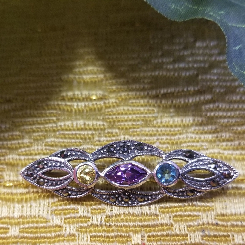 Vintage Charles Winston Sterling Silver TriStone and Marcasite Brooch